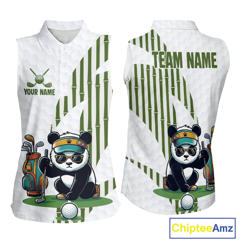 Custom Name Cool Panda Womens Sleeveless Golf Polo Shirt  Funny Bamboo Panda Golfing Apparel