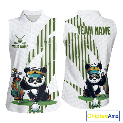 Custom Name Cool Panda Womens Sleeveless Golf Polo Shirt  Funny Bamboo Panda Golfing Apparel