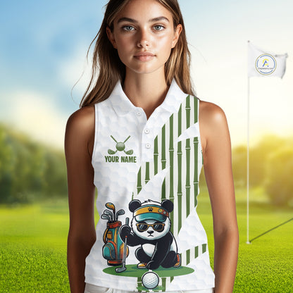 Custom Name Cool Panda Womens Sleeveless Golf Polo Shirt, Funny Bamboo Panda Golfing Apparel NHT956
