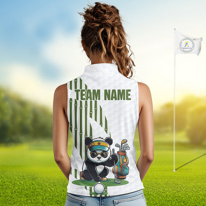 Custom Name Cool Panda Womens Sleeveless Golf Polo Shirt, Funny Bamboo Panda Golfing Apparel NHT956