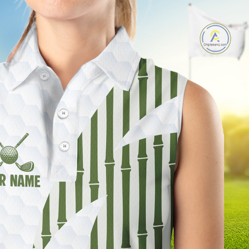 Custom Name Cool Panda Womens Sleeveless Golf Polo Shirt, Funny Bamboo Panda Golfing Apparel NHT956