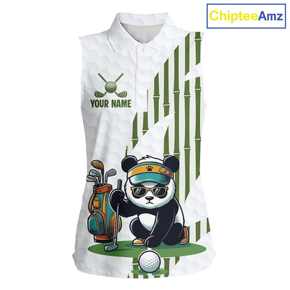 Custom Name Cool Panda Womens Sleeveless Golf Polo Shirt  Funny Bamboo Panda Golfing Apparel