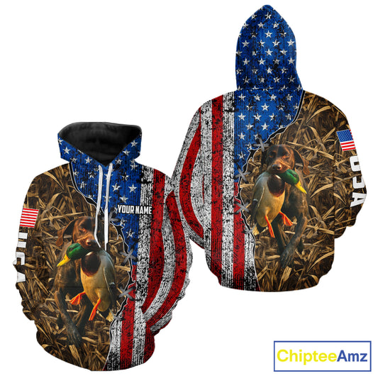 Mallard Duck Hunting Shirt Personalized Camo With German Shorthaired Pointer US Flag Clothes NHT160