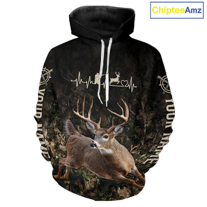 Personalized Deer Hunting Heartbeat 3D Clothing - Custom Name Whitetail Buck Hunter Gift NHT1575