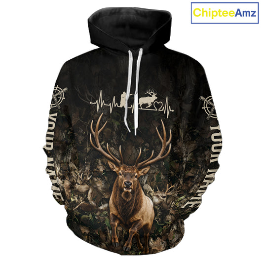 Personalized Elk Hunting Heartbeat 3D Clothing - Custom Name Elk Hunter Gift NHT1577