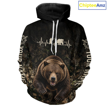 Personalized Bear Hunting Heartbeat 3D Clothing - Custom Name Bear Hunter Gift NHT1578