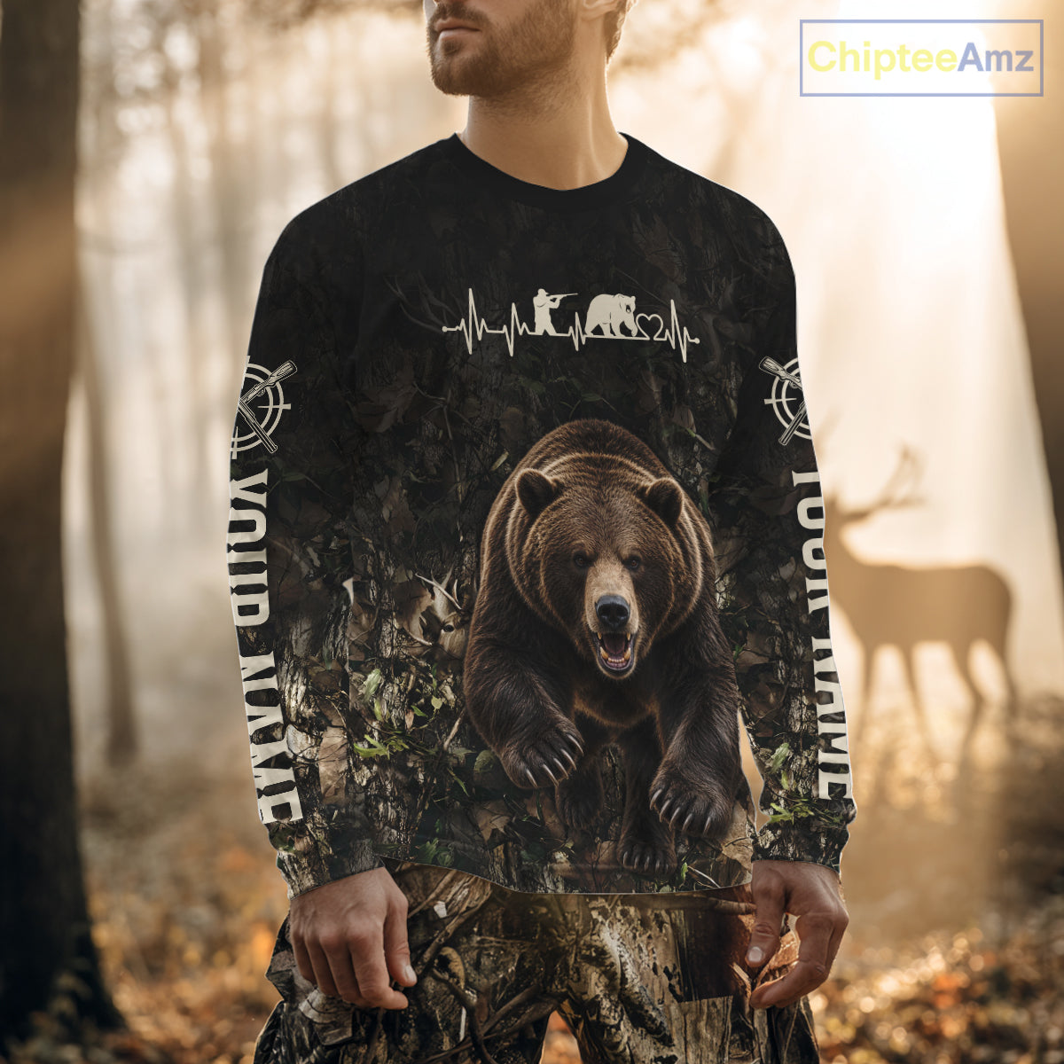 Personalized Bear Hunting Heartbeat 3D Clothing - Custom Name Bear Hunter Gift NHT1578