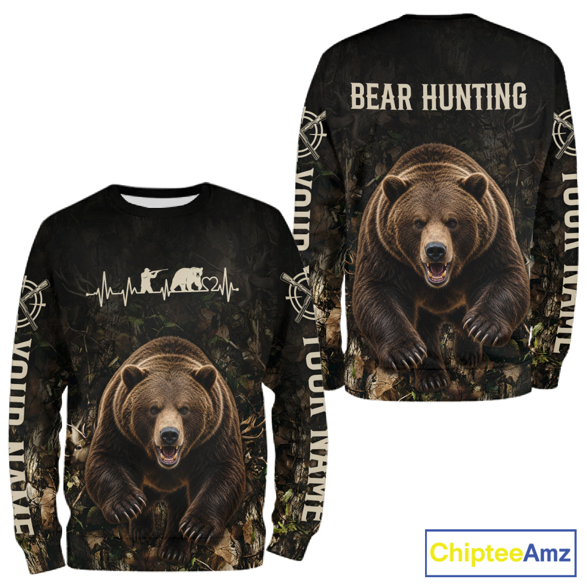 Personalized Bear Hunting Heartbeat 3D Clothing - Custom Name Bear Hunter Gift NHT1578