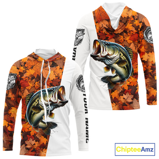 Autumn Bass Hooded Fishing Shirt For Men, Fall Largemouth Bass Long Sleeve Fishing Jersey NHT1757