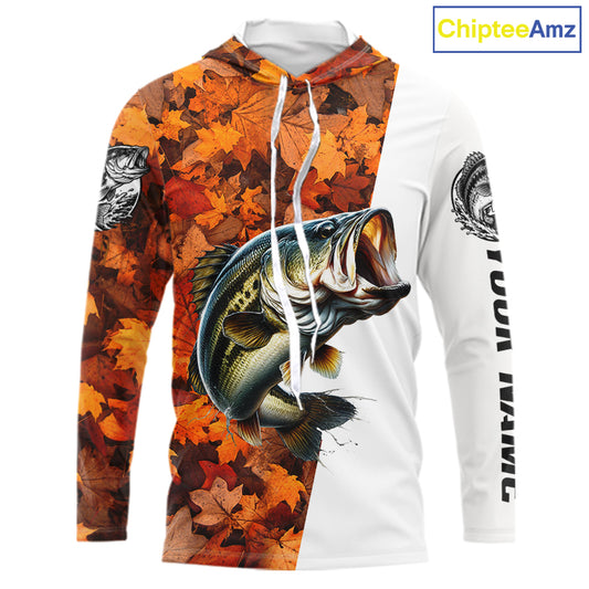 Autumn Bass Hooded Fishing Shirt For Men, Fall Largemouth Bass Long Sleeve Fishing Jersey NHT1757