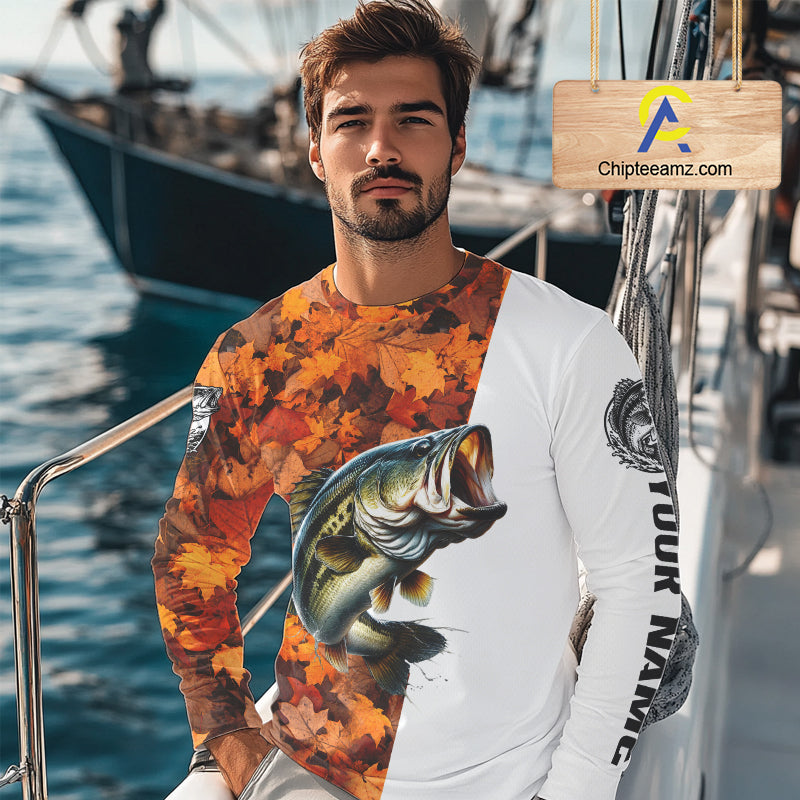 Autumn Bass Fishing Shirt For Men, Fall Largemouth Bass Long Sleeve Fishing Jersey NHT1757