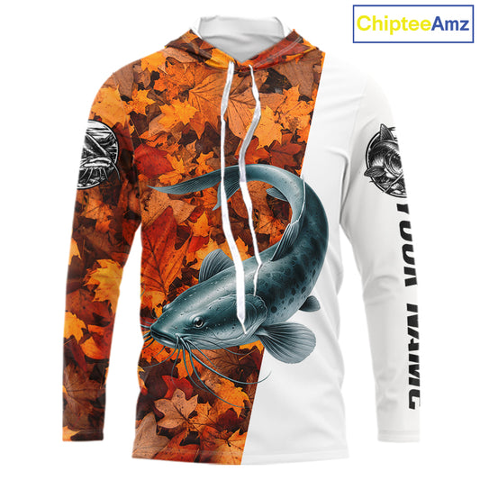 Autumn Catfish Hooded Fishing Shirt For Men, Fall Catfish Long Sleeve Fishing Jersey NHT1758