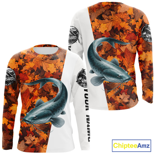 Autumn Catfish Fishing Shirt For Men, Fall Catfish Long Sleeve Fishing Jersey NHT1758