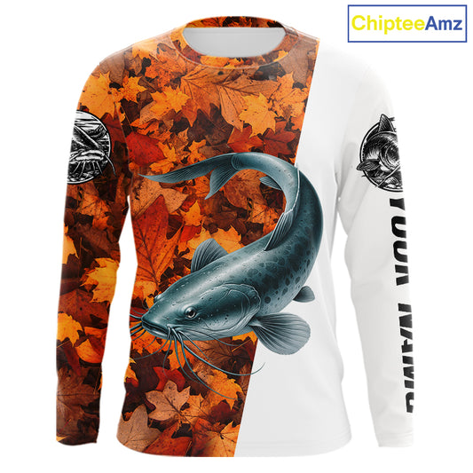 Autumn Catfish Fishing Shirt For Men, Fall Catfish Long Sleeve Fishing Jersey NHT1758