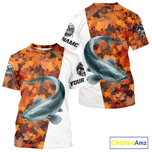 Autumn Catfish Fishing Shirt For Men, Fall Catfish Short Sleeve Fishing Jersey NHT1758