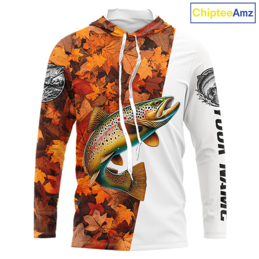 Autumn Brown Trout Hooded Fishing Shirt For Men, Fall Trout Long Sleeve Fishing Jersey NHT1760