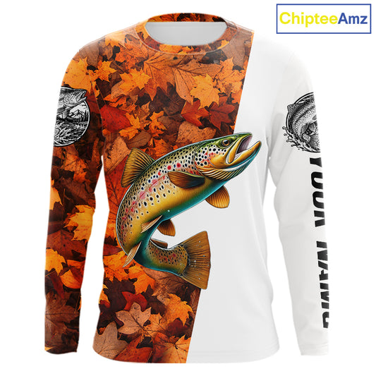 Autumn Brown Trout Fishing Shirt For Men, Fall Trout Long Sleeve Fishing Jersey NHT1760