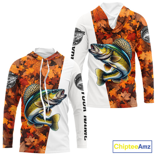 Autumn Walleye Hooded Fishing Shirt For Men, Fall Walleye Long Sleeve Fishing Jersey NHT1761