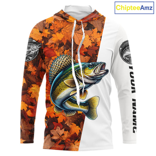Autumn Walleye Hooded Fishing Shirt For Men, Fall Walleye Long Sleeve Fishing Jersey NHT1761