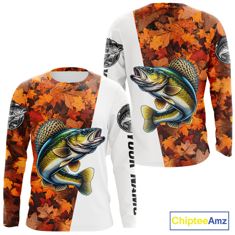 Autumn Walleye Fishing Shirt For Men, Fall Walleye Long Sleeve Fishing Jersey NHT1761