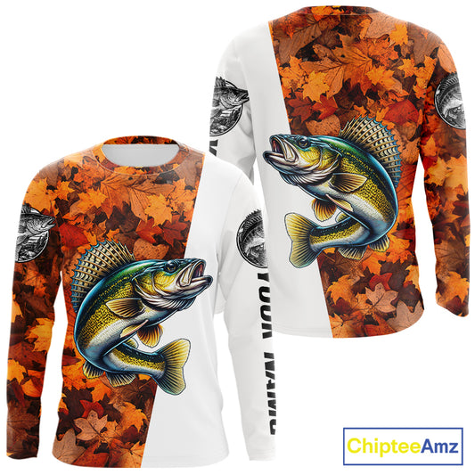 Autumn Walleye Fishing Shirt For Men, Fall Walleye Long Sleeve Fishing Jersey NHT1761