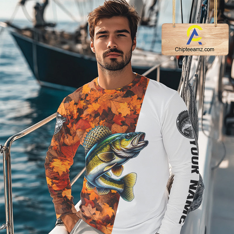 Autumn Walleye Fishing Shirt For Men, Fall Walleye Long Sleeve Fishing Jersey NHT1761
