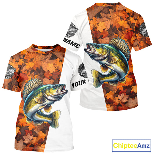 Autumn Walleye Fishing Shirt For Men, Fall Walleye Short Sleeve Fishing Jersey NHT1761