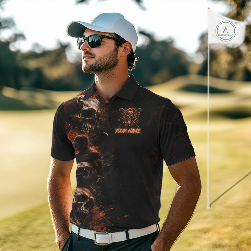 Personalized Skull Golf Top, Custom Golf Polo Shirt, Fiery Skull Golf Shirt, Golf Gift For Men NHT1405