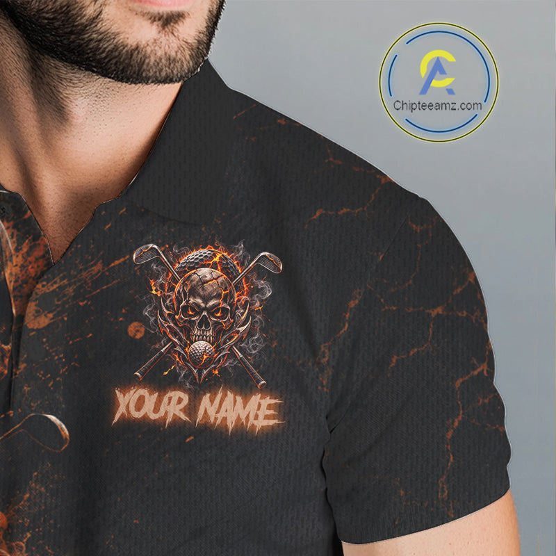 Personalized Skull Golf Top, Custom Golf Polo Shirt, Fiery Skull Golf Shirt, Golf Gift For Men NHT1405
