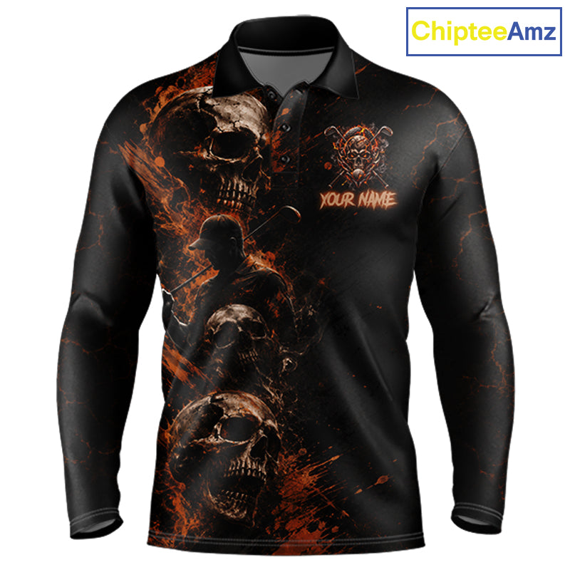 Personalized Skull Golf Top, Custom Golf Polo Shirt, Fiery Skull Golf Shirt, Golf Gift For Men NHT1405