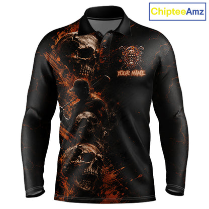 Personalized Skull Golf Top, Custom Golf Polo Shirt, Fiery Skull Golf Shirt, Golf Gift For Men NHT1405