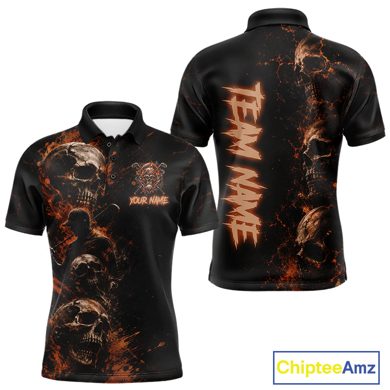 Personalized Skull Golf Top, Custom Golf Polo Shirt, Fiery Skull Golf Shirt, Golf Gift For Men NHT1405