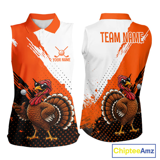Personalized Turkey Women Sleeveless Golf Polo Shirt, Custom Thanksgiving Golf Shirt NHT1409