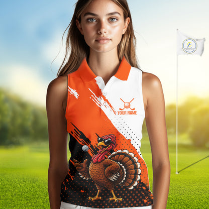 Personalized Turkey Women Sleeveless Golf Polo Shirt, Custom Thanksgiving Golf Shirt NHT1409