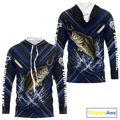 Blue Largemouth Bass Hooded Fishing Shirt Long Sleeve, Personalized Fishing Jersey, Custom Team Fishing Apparel NHT1581