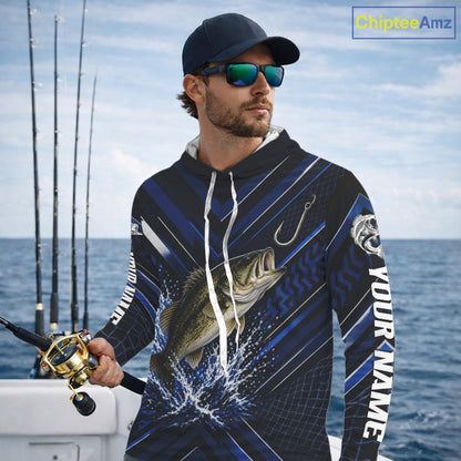 Blue Largemouth Bass Hooded Fishing Shirt Long Sleeve, Personalized Fishing Jersey, Custom Team Fishing Apparel NHT1581