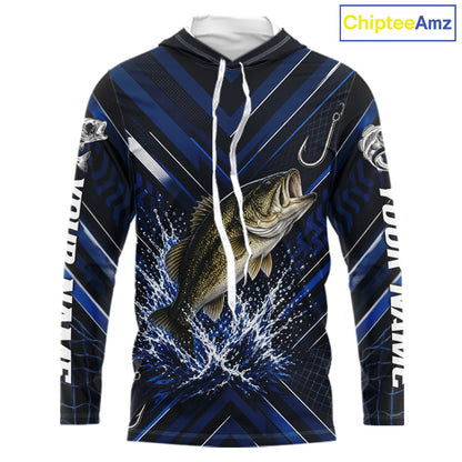 Blue Largemouth Bass Hooded Fishing Shirt Long Sleeve, Personalized Fishing Jersey, Custom Team Fishing Apparel NHT1581