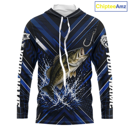 Blue Largemouth Bass Hooded Fishing Shirt Long Sleeve, Personalized Fishing Jersey, Custom Team Fishing Apparel NHT1581