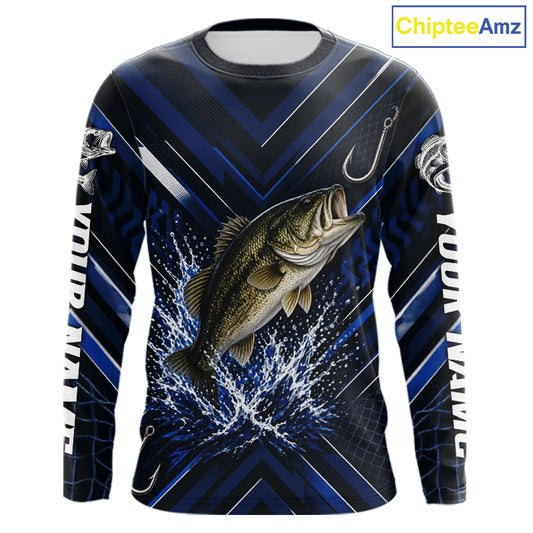 Blue Largemouth Bass Fishing Shirt Long Sleeve, Personalized Fishing Jersey, Custom Team Fishing Apparel NHT1581