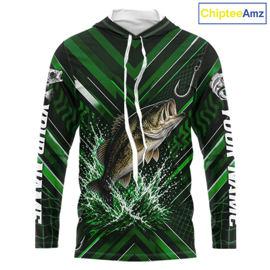 Green Largemouth Bass Hooded Fishing Shirt Long Sleeve, Personalized Fishing Jersey, Custom Team Fishing Apparel NHT1582