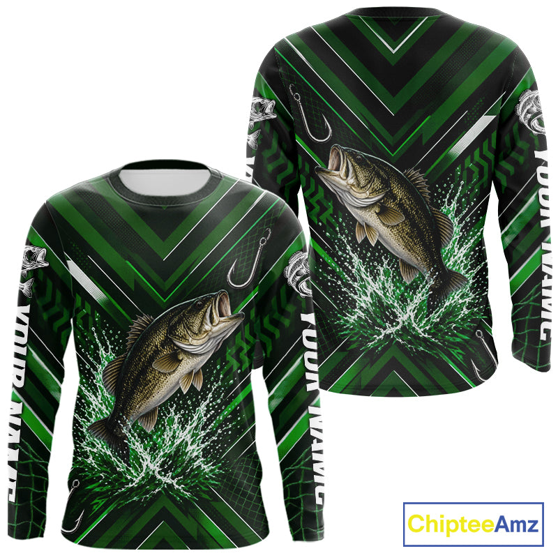 Green Largemouth Bass Fishing Shirt Long Sleeve, Personalized Fishing Jersey, Custom Team Fishing Apparel NHT1582