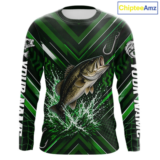 Green Largemouth Bass Fishing Shirt Long Sleeve, Personalized Fishing Jersey, Custom Team Fishing Apparel NHT1582