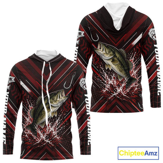 Red Largemouth Bass Hooded Fishing Shirt Long Sleeve, Personalized Fishing Jersey, Custom Team Fishing Apparel NHT1583