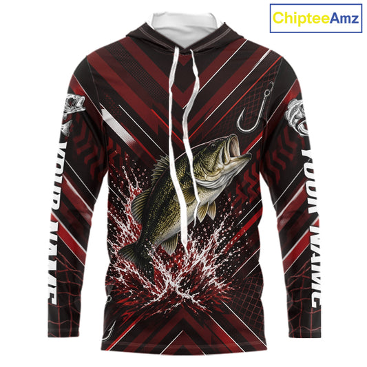 Red Largemouth Bass Hooded Fishing Shirt Long Sleeve, Personalized Fishing Jersey, Custom Team Fishing Apparel NHT1583