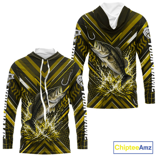 Yellow Largemouth Bass Hooded Fishing Shirt Long Sleeve, Personalized Fishing Jersey, Custom Team Fishing Apparel NHT1584