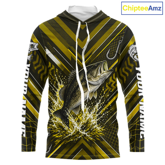 Yellow Largemouth Bass Hooded Fishing Shirt Long Sleeve, Personalized Fishing Jersey, Custom Team Fishing Apparel NHT1584