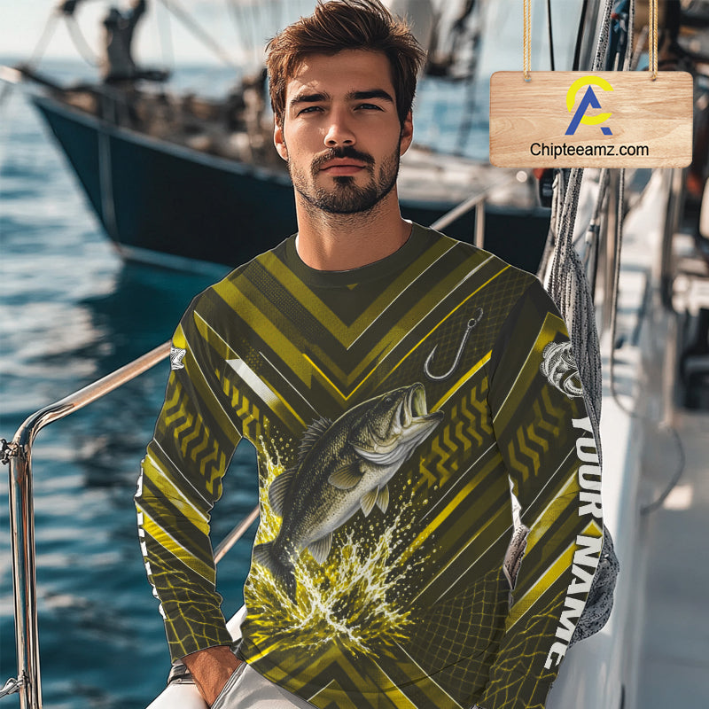 Yellow Largemouth Bass Fishing Shirt Long Sleeve, Personalized Fishing Jersey, Custom Team Fishing Apparel NHT1584