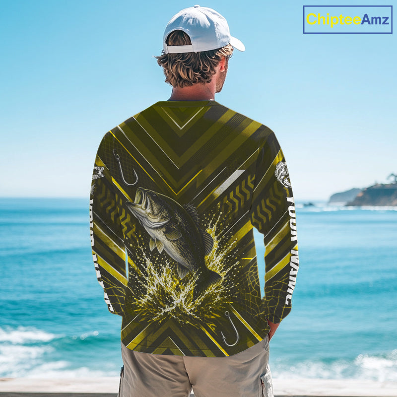 Yellow Largemouth Bass Fishing Shirt Long Sleeve, Personalized Fishing Jersey, Custom Team Fishing Apparel NHT1584