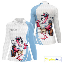 Load image into Gallery viewer, Blue Funny Flamingo Polo Shirt For Womens, Golf Polo Shirts Custom Name, Flamingo Golf Shirts NHT594