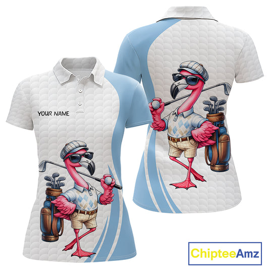Blue Funny Flamingo Polo Shirt For Womens, Golf Polo Shirts Custom Name, Flamingo Golf Shirts NHT594